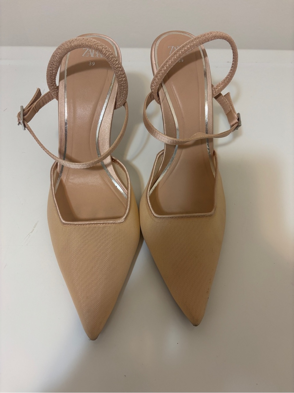 Zara Nude Pointed-Toe Ankle Strap Heels